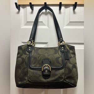 Coach F1382-F26246 Campbell Metallic Khaki Green Signature Belle Carryall EUC